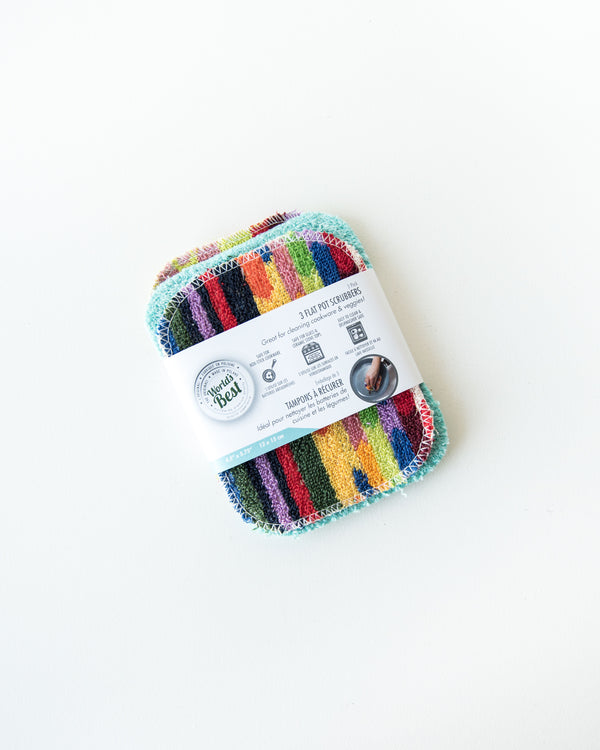 "World's Best" Pot Scrubber — 3 Pack Assorted Colours with patterns Flat